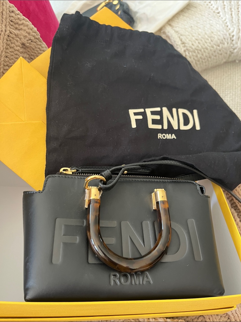 Fendi Black Embossed Roma Mini Bag with Tortoiseshell Handles